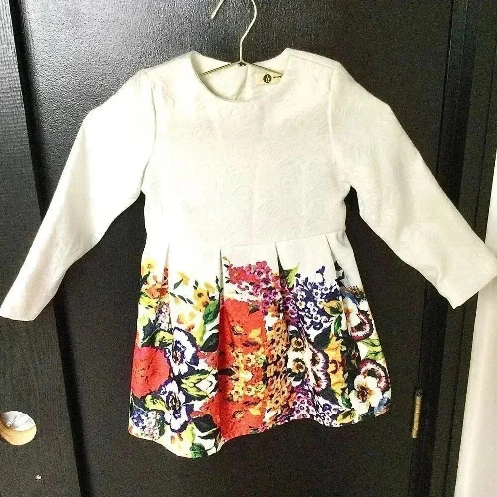 Morning Dance Baby White Jacquard Floral Print Long Sleeve Pleated Dress Size 5T